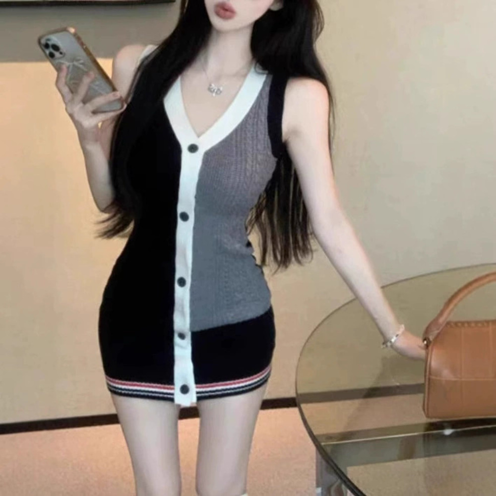 ZARA Preppy Color Block Collar Knit Tank Dress Women Unique Slim Chic Youthful